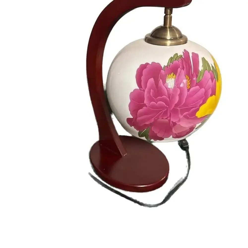 Vintage Hand-Painted Floral Porcelain Hurricane Lamp with Round Globe and Metal